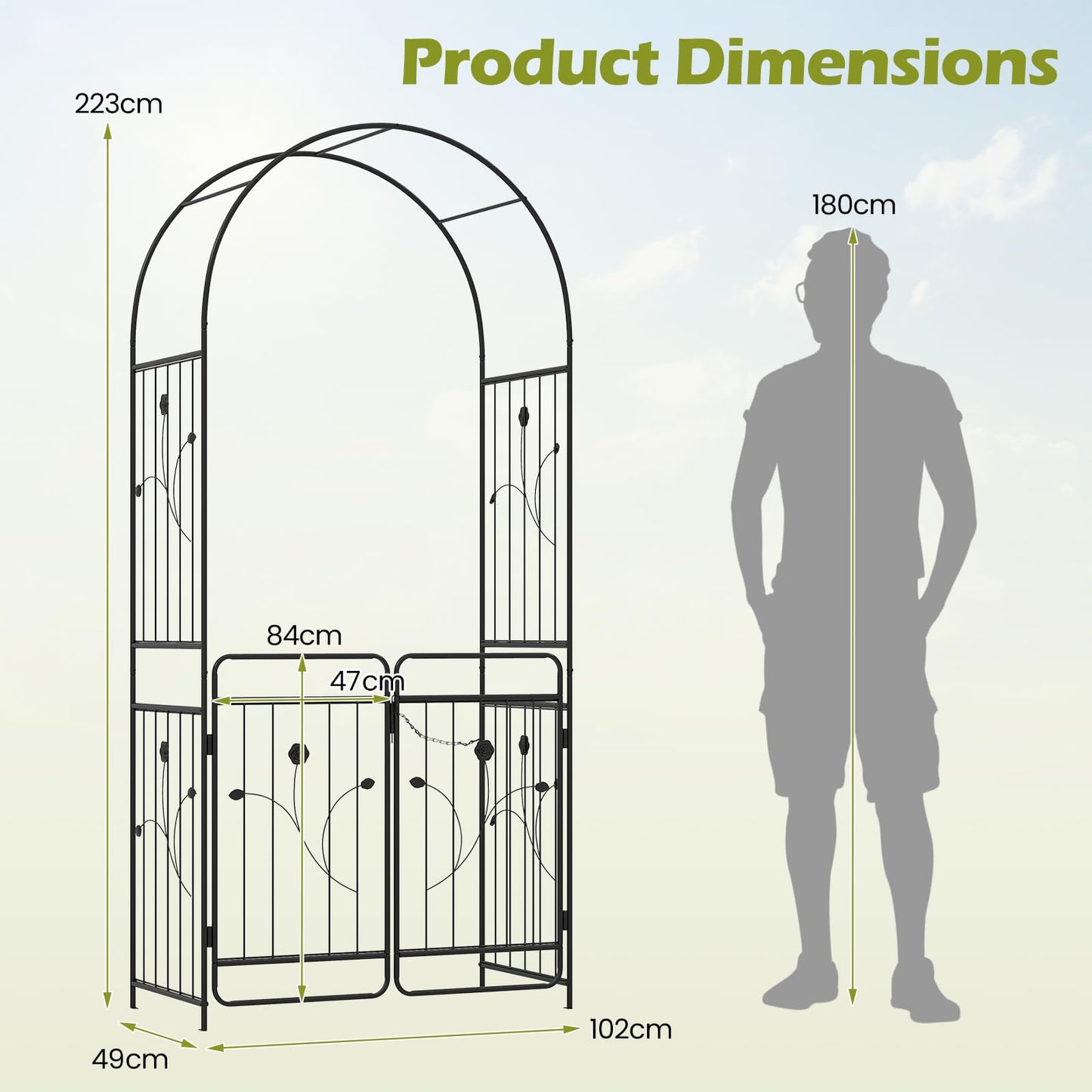 Garden Arch with Gate, Metal Pergola Arbor Trellis for Climbing Plant
