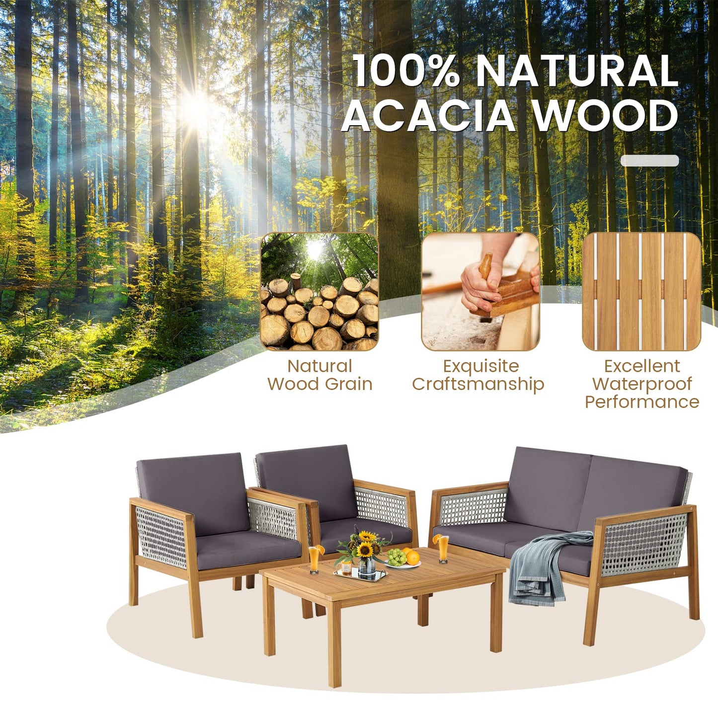 Acacia Wood Rattan Patio Conversation Set with Loveseat