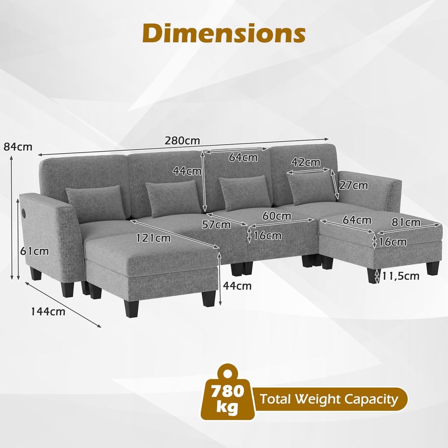 280 cm U-Shaped Sectional Sofa with 2 Ottomans & USB Charging Ports