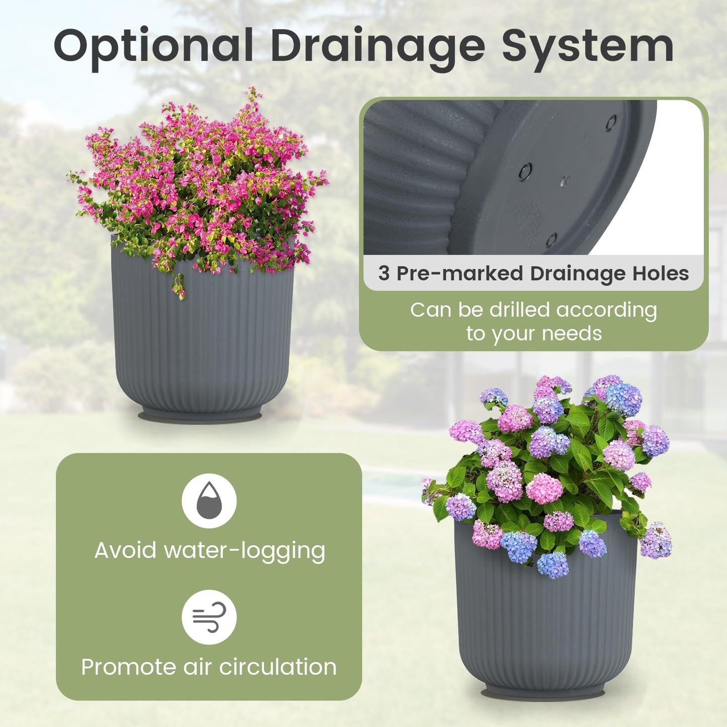 Giantex 2 Pack Round Plastic Planters 32cm Striped Flower Pots with Optional Drainage System