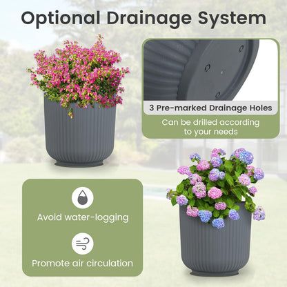 Giantex 2 Pack Round Plastic Planters 32cm Striped Flower Pots with Optional Drainage System