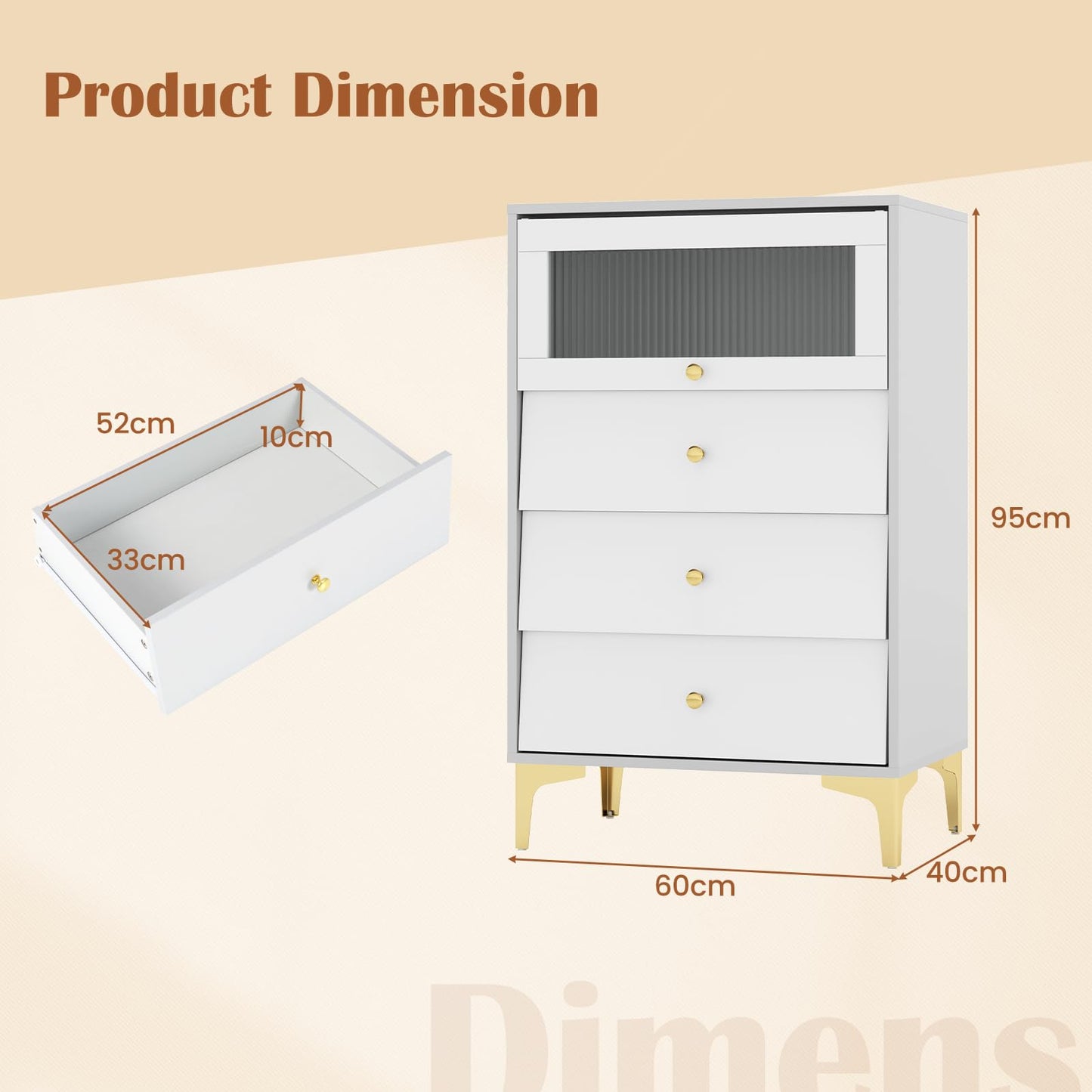 3 Drawer Dresser Cabinet with Flip Up Fluted Glass Door