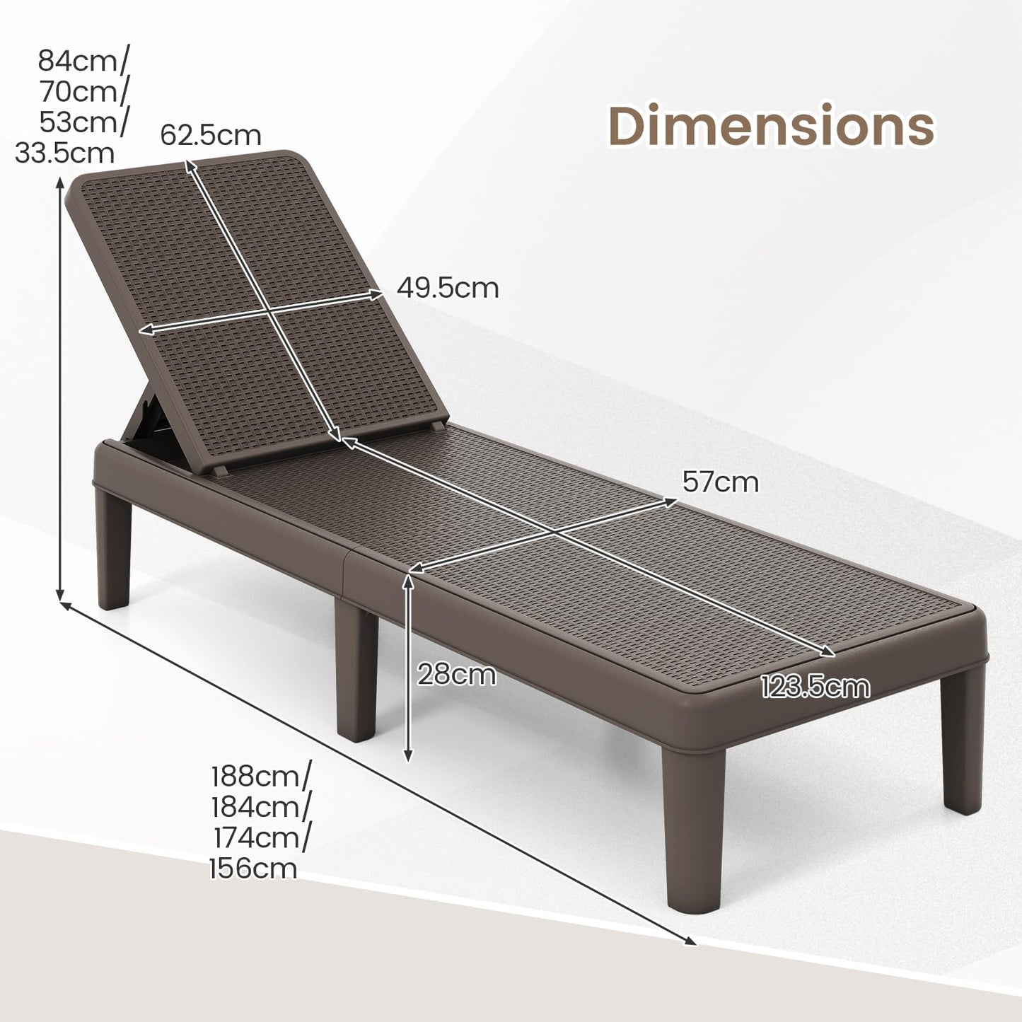Garden Sun Lounger, PP Rattan-Style Patio Reclining Chaise Lounge Chair Deck Sunbed