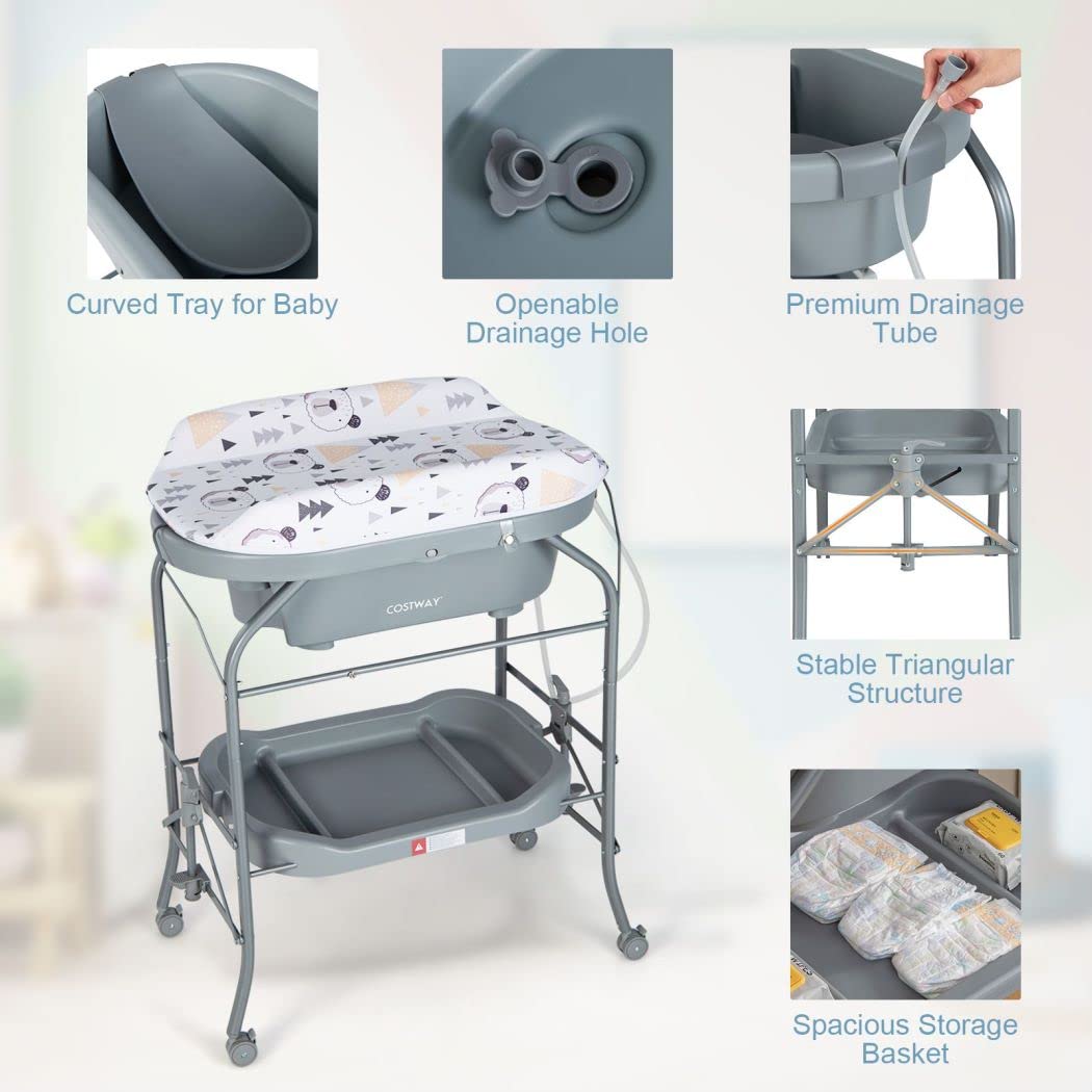 4 in 1 Baby Changing Table Folding Infant Nursery Station with Bath Tub
