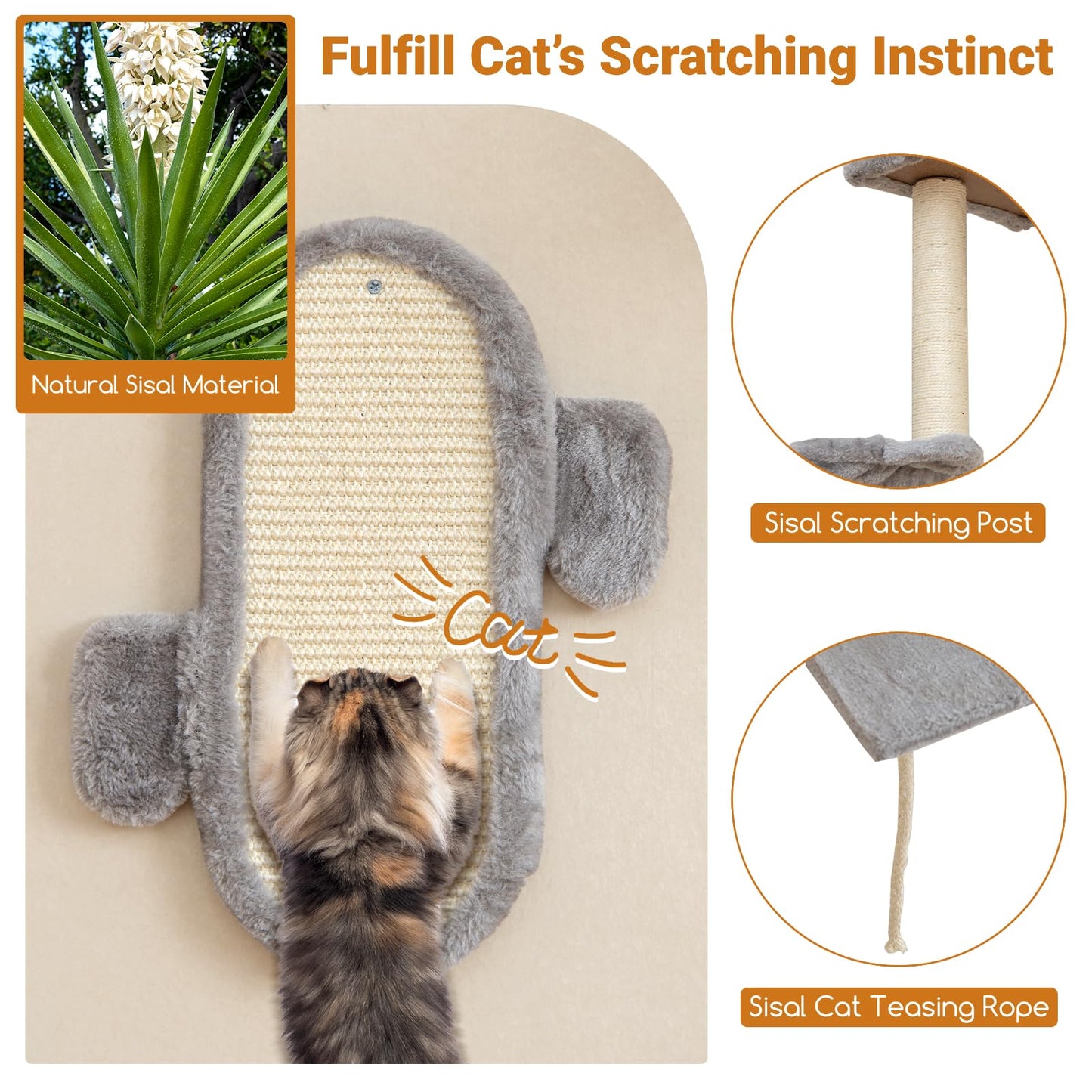 Wall-Mounted Cat Tower Set with 2-Tier Platform and 2 Comfy Cat Condos