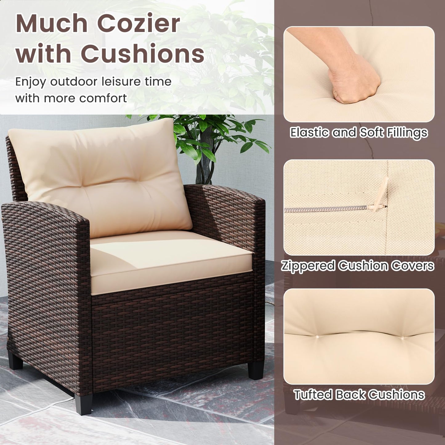 3 Piece Outdoor Patio Furniture Set with Glass Coffee Table and Storage Compartment