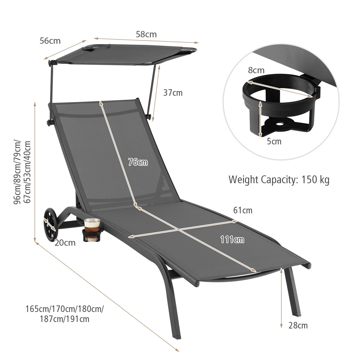 Adjustable Chaise Lounge Deck Sunbed with Rotatable Canopy and Cup Holder