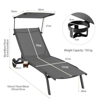 Adjustable Chaise Lounge Deck Sunbed with Rotatable Canopy and Cup Holder