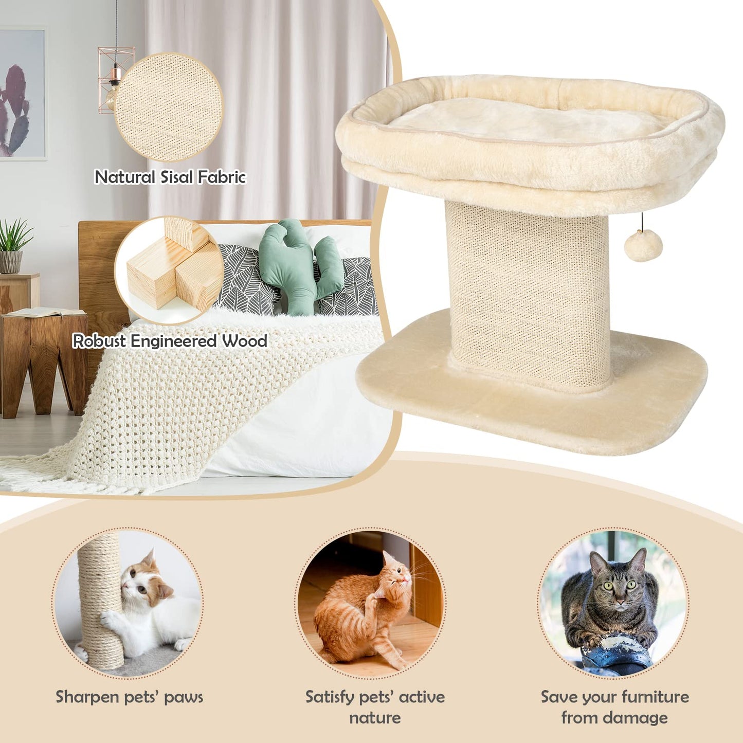 2-Tier Cats Tower with Sisal Scratching Panel Scratcher and Jingling Toy