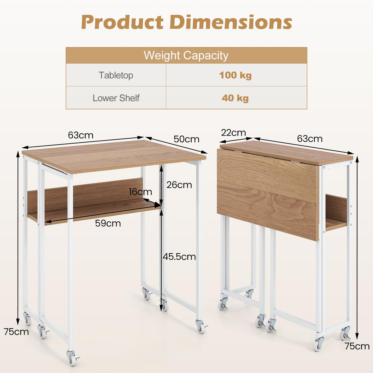 63 cm Small Folding Desk with Smooth Rolling Wheels and Storage Shelf for Home Office