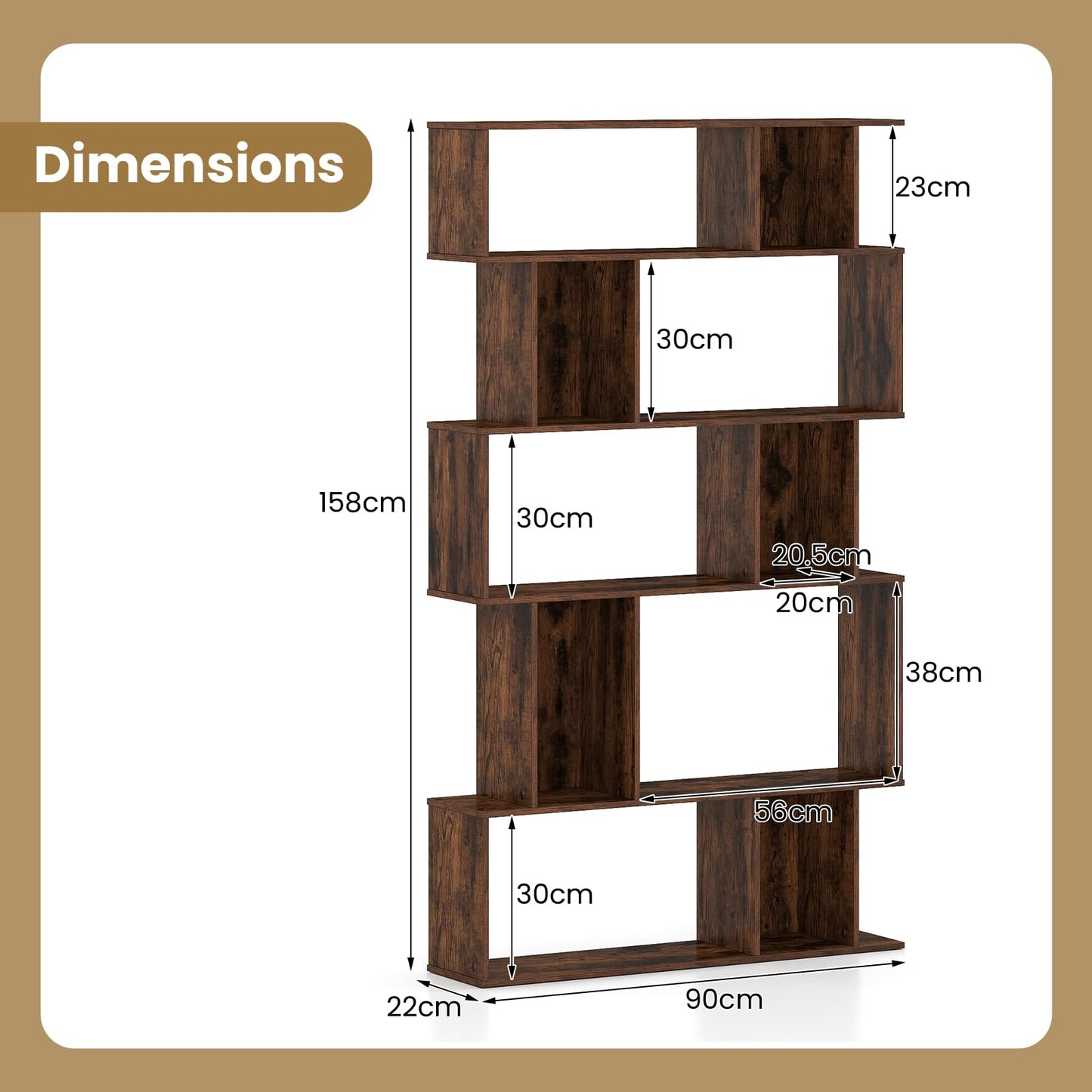 S-Shaped Wooden Bookcase, 5/6 Tiers Freestanding Storage Shelf