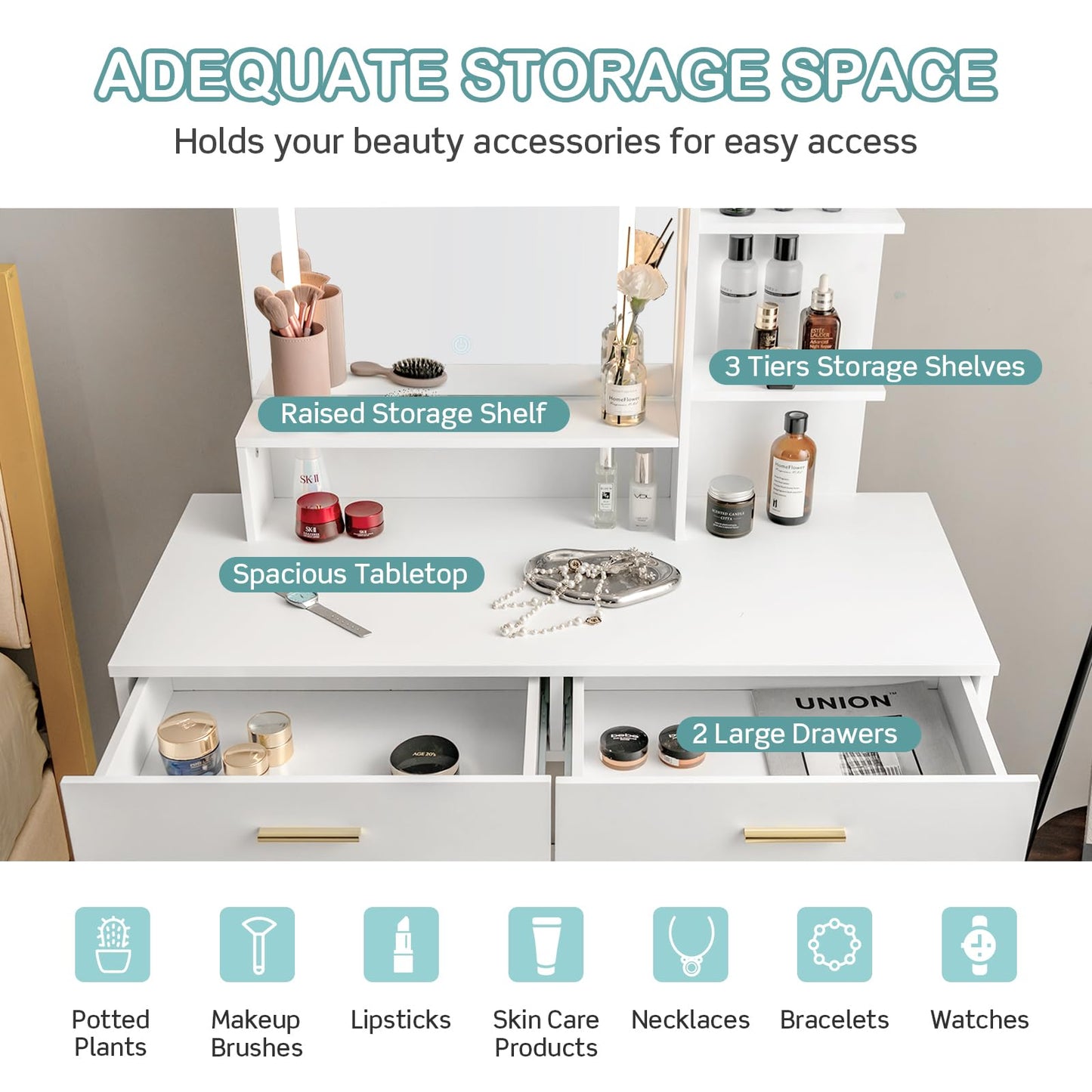 Vanity Set with Large Mirror Makeup Table with Stool and LED Lights