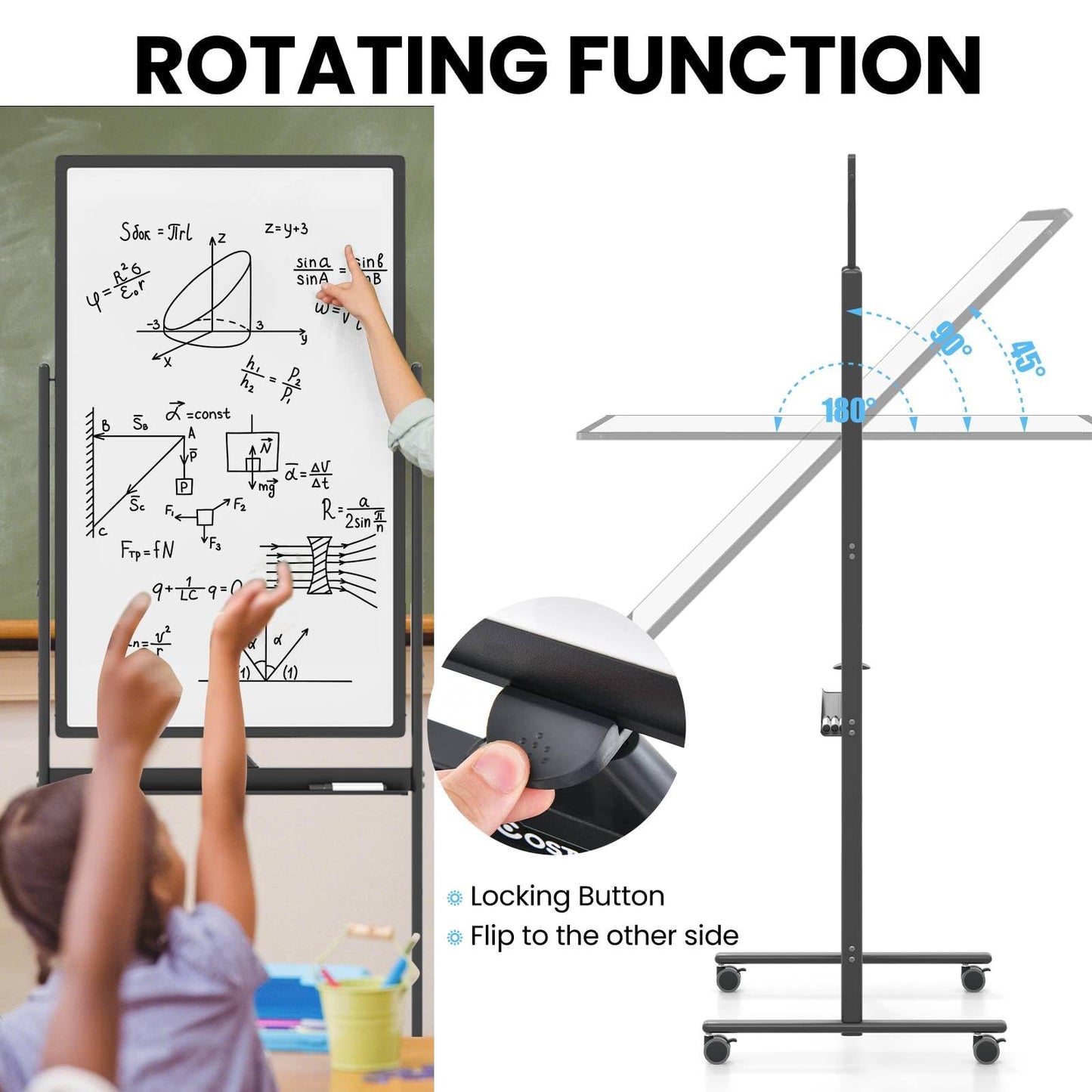 Reversible Rolling White Board with Black Markers and Board Eraser
