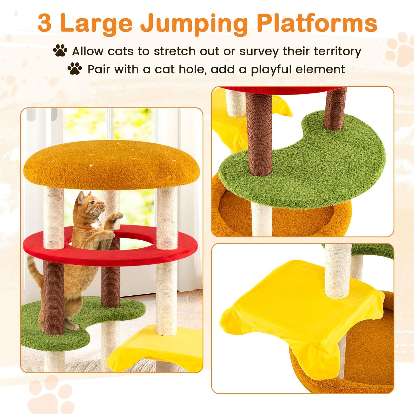 Cat Tree, 106cm Tall Hamburger-Theme Cats Tower | Indoor Multi-Level Kitten Climbing Stand Activity Center