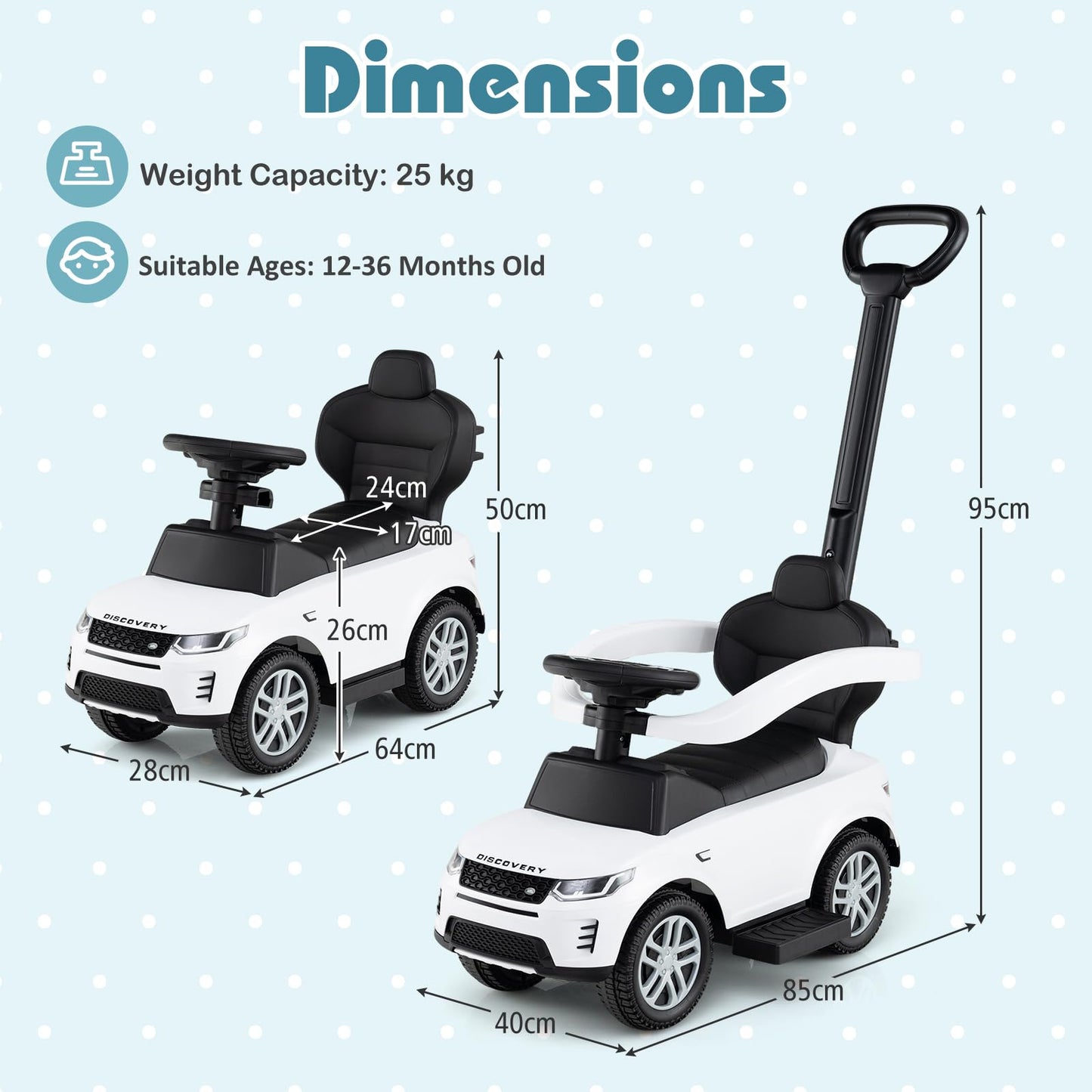 3 in 1 Push Car for Toddlers Licensed Land Rover Discovery Ride on Toy