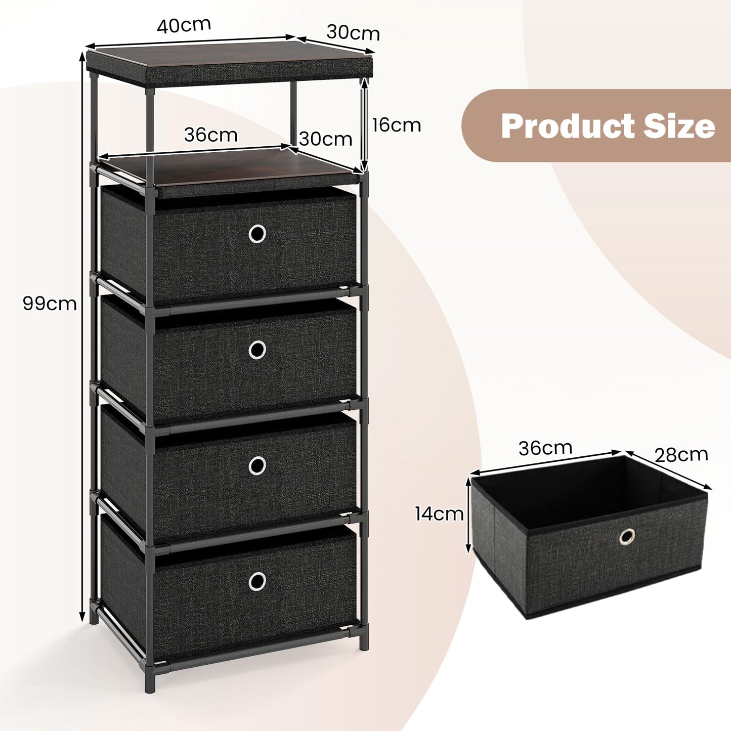 4 Drawer Fabric Dresser Tower with Wood Top and Open Shelf