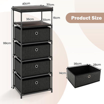 4 Drawer Fabric Dresser Tower with Wood Top and Open Shelf
