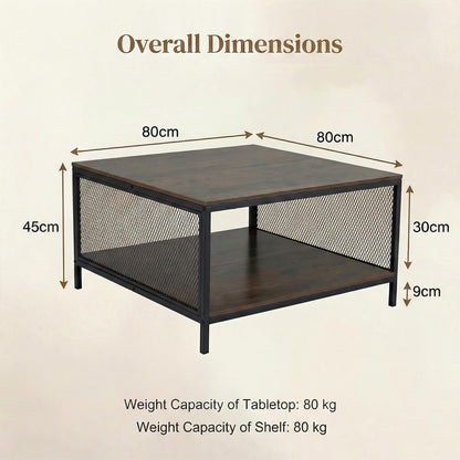2-Tier Coffee Table, Industrial Square Cocktail Center Table with Open Storage Shelf