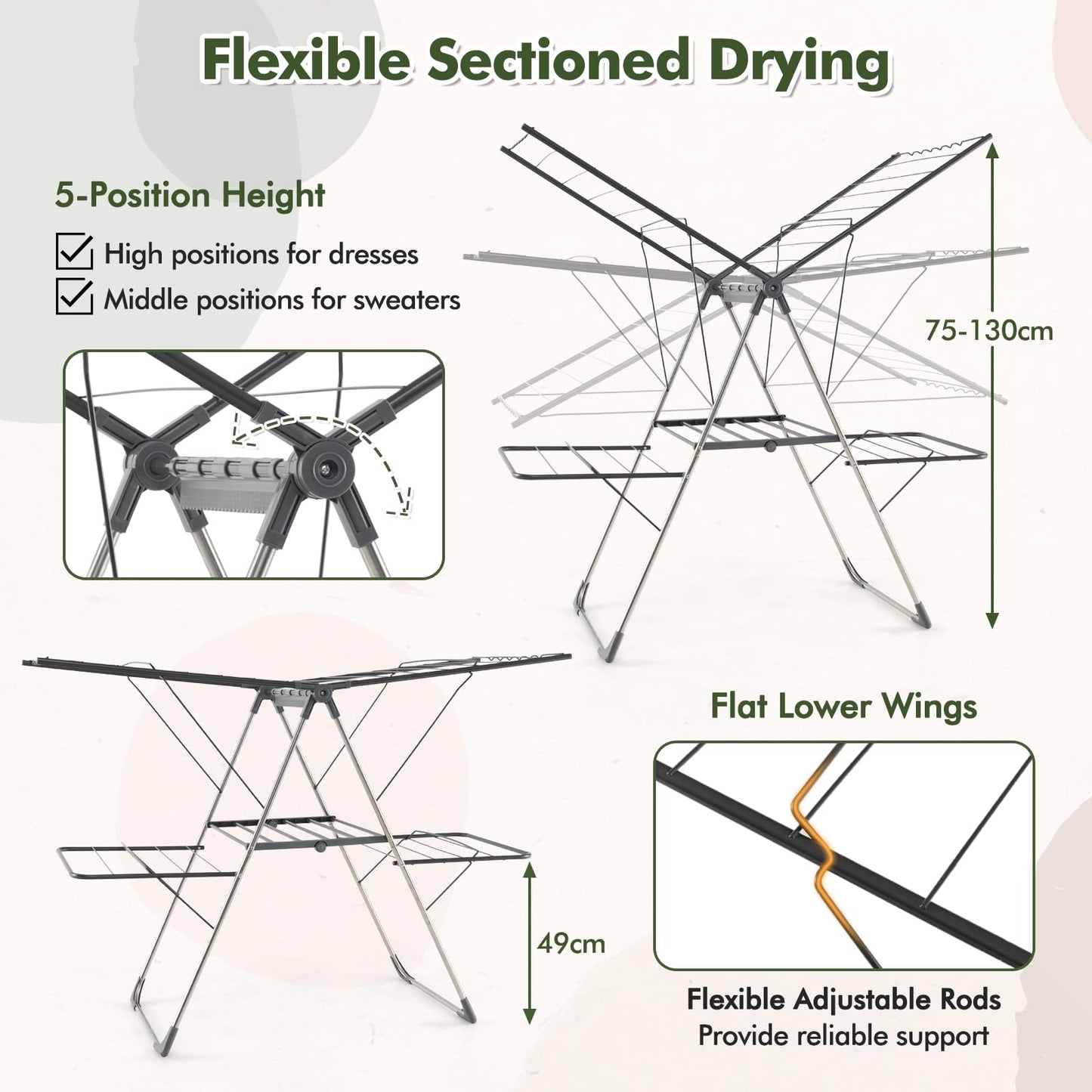 2-Level Foldable Clothes Airer Dryer Horse with Height-Adjustable Wings