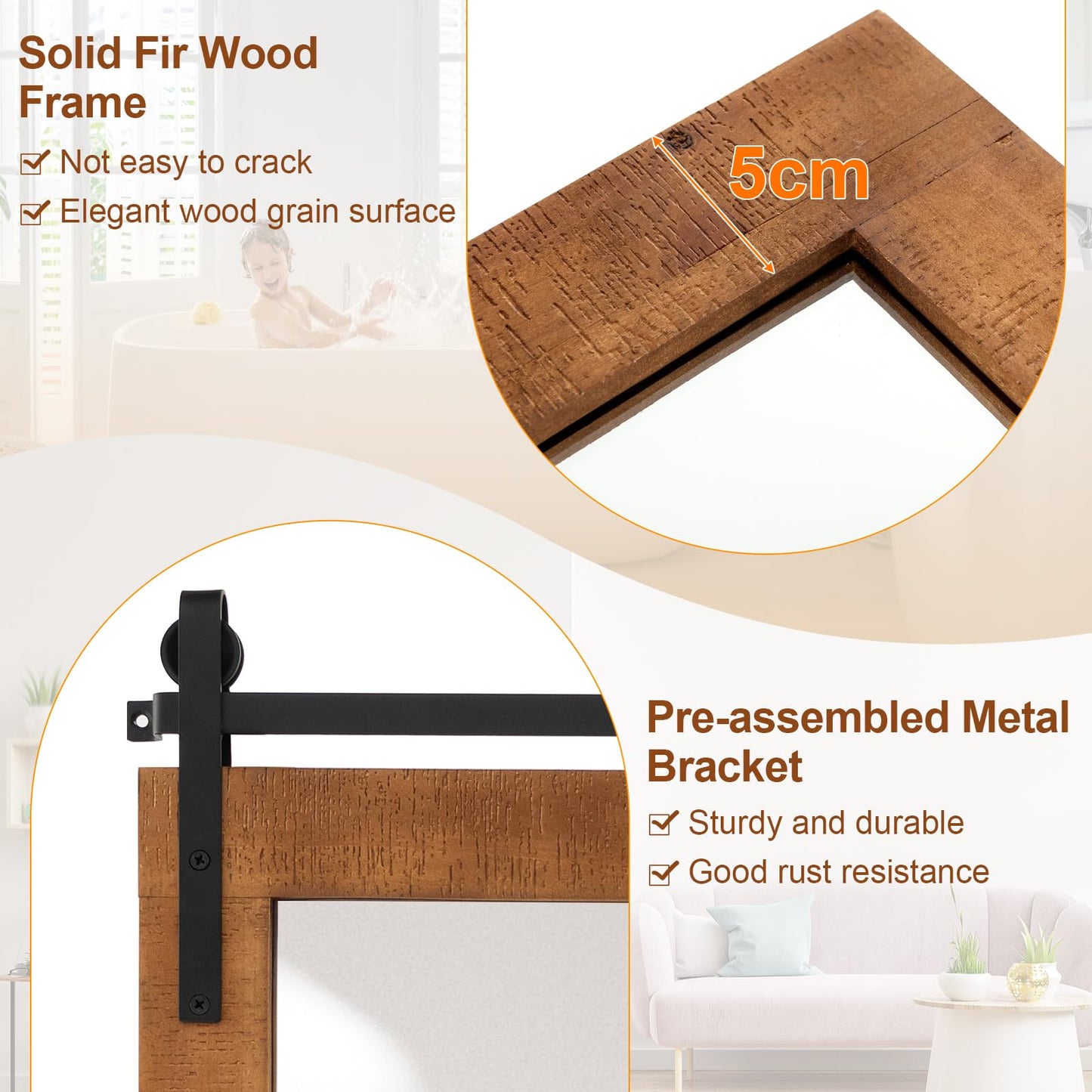 Farmhouse Bathroom Wall Mirror with Fir Wood Frame