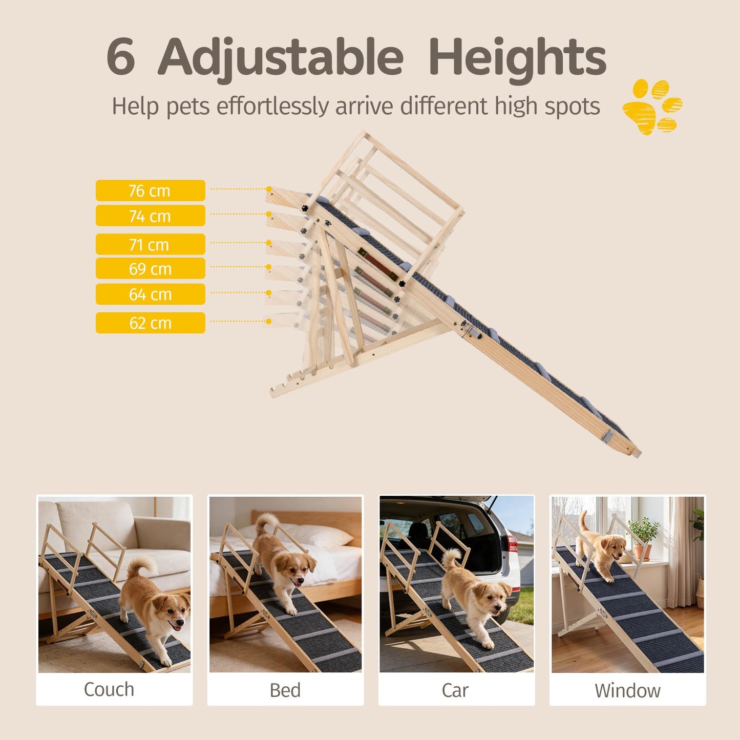Wooden Pet Ramp, Foldable Dog Car Ladder with 6-level Adjustable Heights