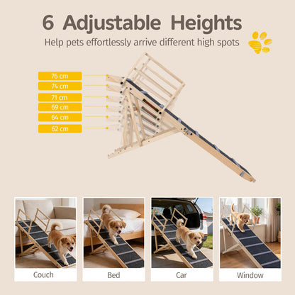 Wooden Pet Ramp, Foldable Dog Car Ladder with 6-level Adjustable Heights