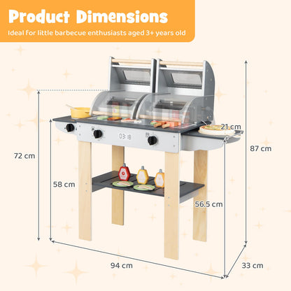 Kids BBQ Grill Playset, Wooden Toy Kitchen with Flip-Top Grill Covers