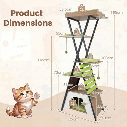 Multi-level Cat Tree, 185CM Wooden Cat Tower with Elevated Perch