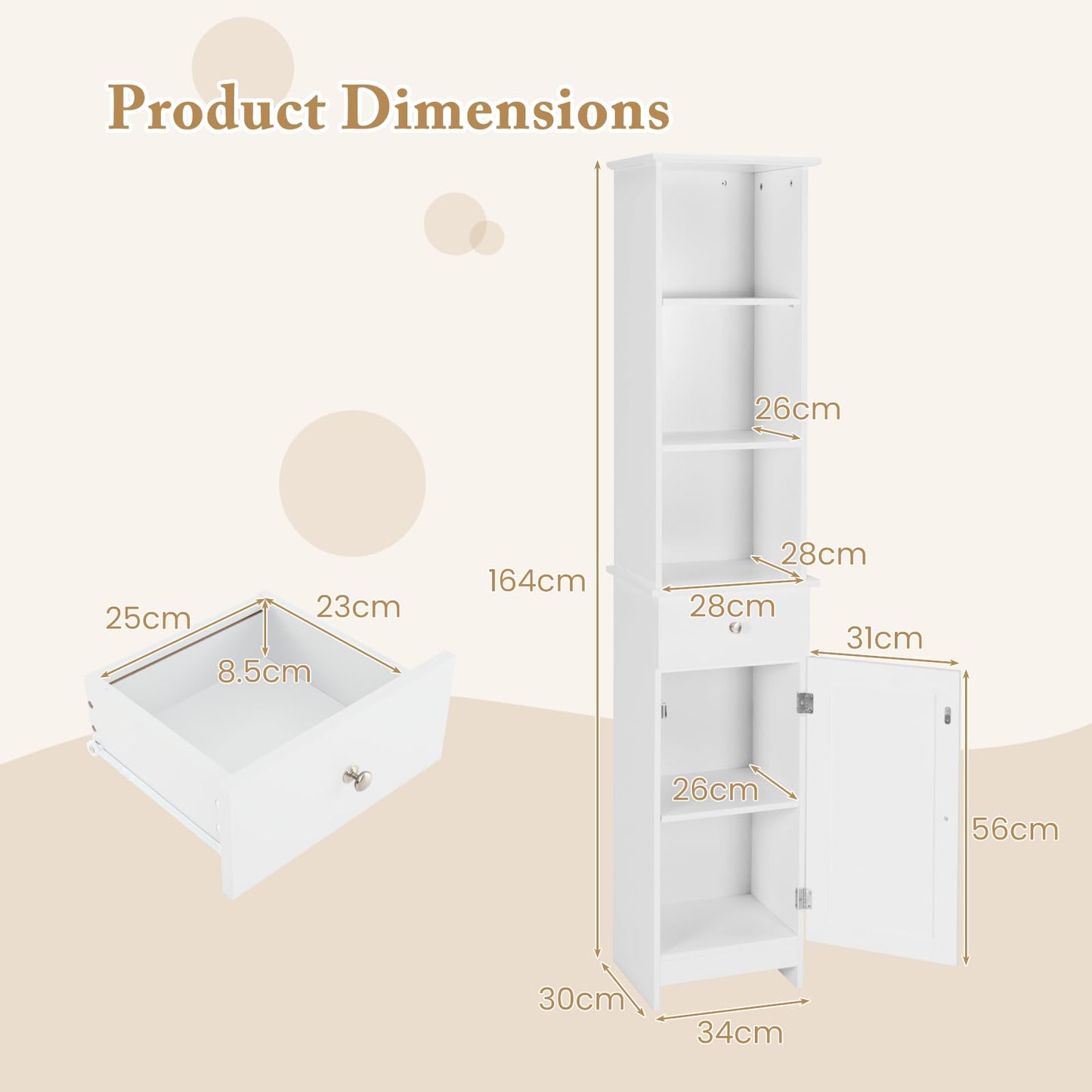 Wooden Freestanding Slim Storage Cupboard with Adjustable Shelves