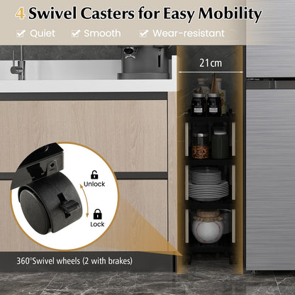 GiantexUK 4 Tier Service Cart, Slide-Out Kitchen Storage Trolley with Wheels and Hooks, Metal Frame Rolling Utility
