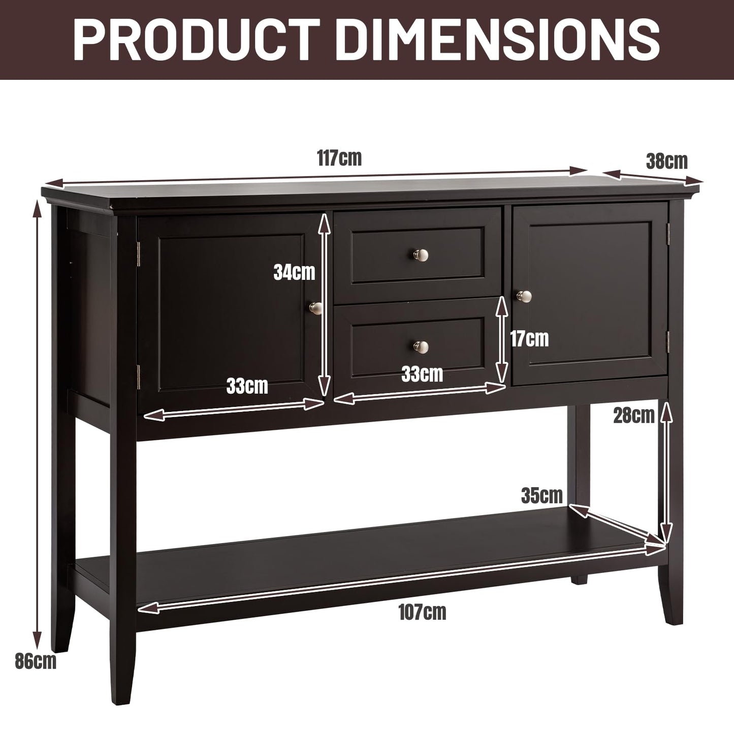 Wooden Buffet Table with Spacious Tabletop and Large Storage Rack