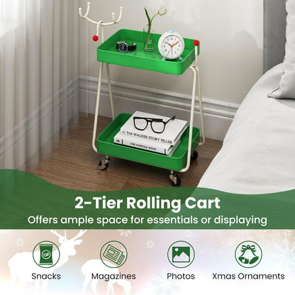 Reindeer Side Table 2-Tier Christmas Rolling Cart with Metal Frame and Wheels