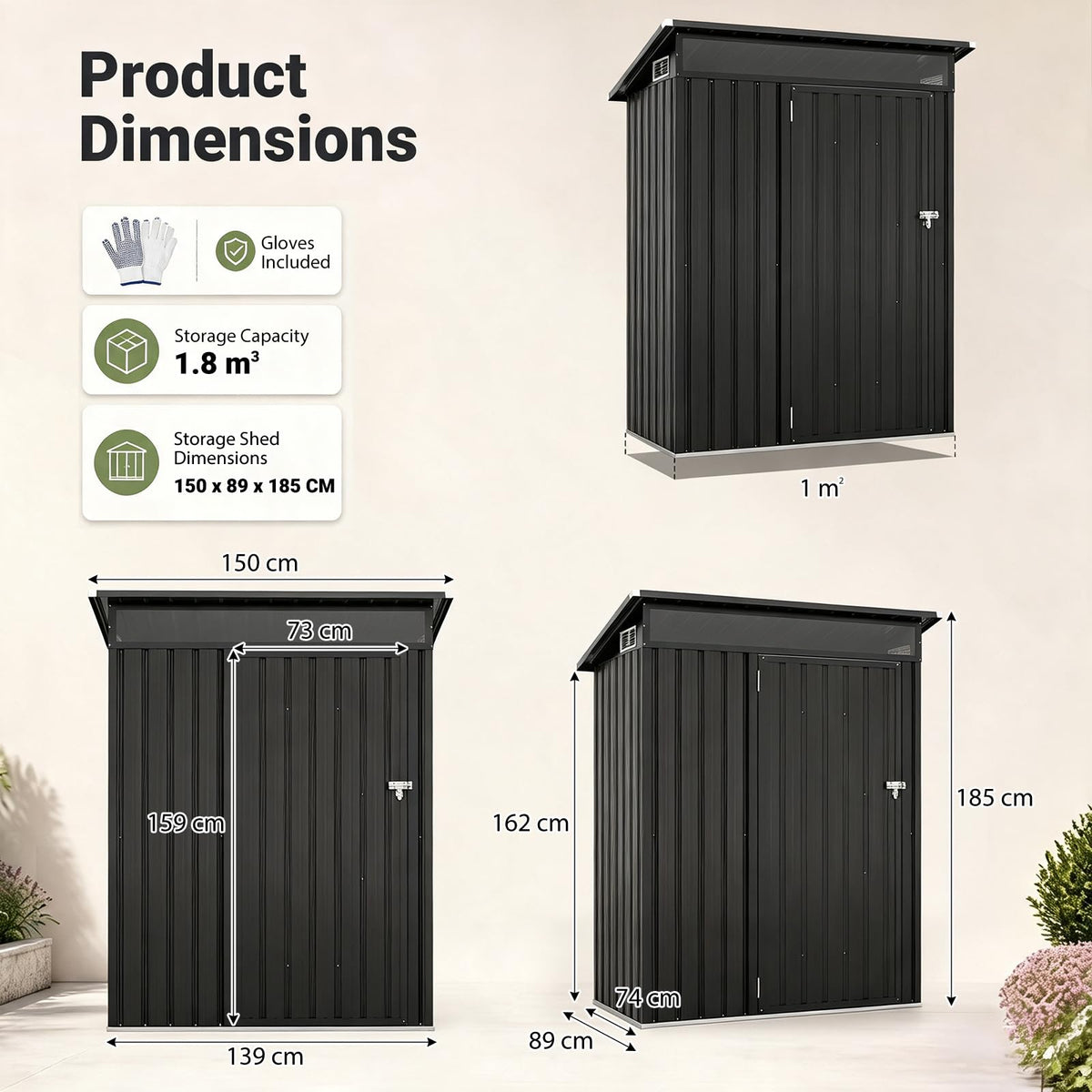 5 x 3FT Metal Garden Storage Shed with PC Panel & Lockable Door