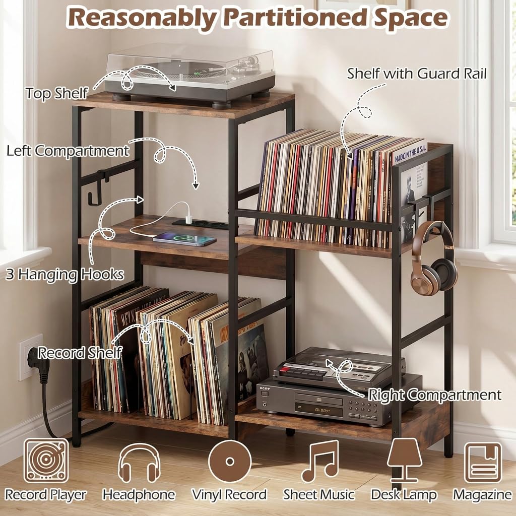 Turntable Stand with Record Rack Hanging Hooks and Compartments for Bedroom