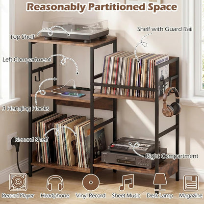 Turntable Stand with Record Rack Hanging Hooks and Compartments for Bedroom