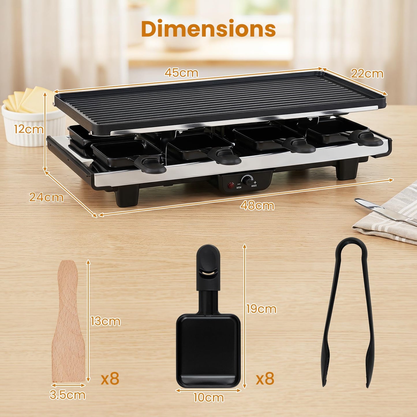2 in 1 reversible non-stick griddle plate, 8 pans, 8 wooden spatulas, tong, adjustable temperature, indoor party cooking