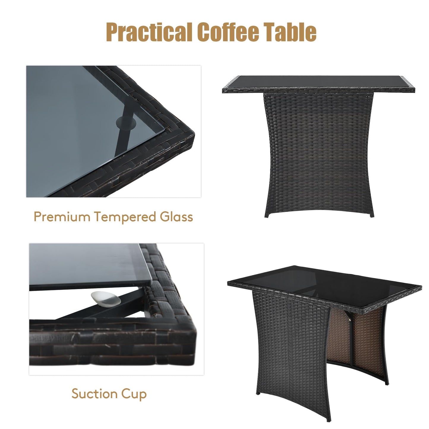 3 Pieces Patio PE Wicker Set with Tempered Coffee Table