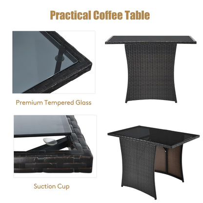 3 Pieces Patio PE Wicker Set with Tempered Coffee Table