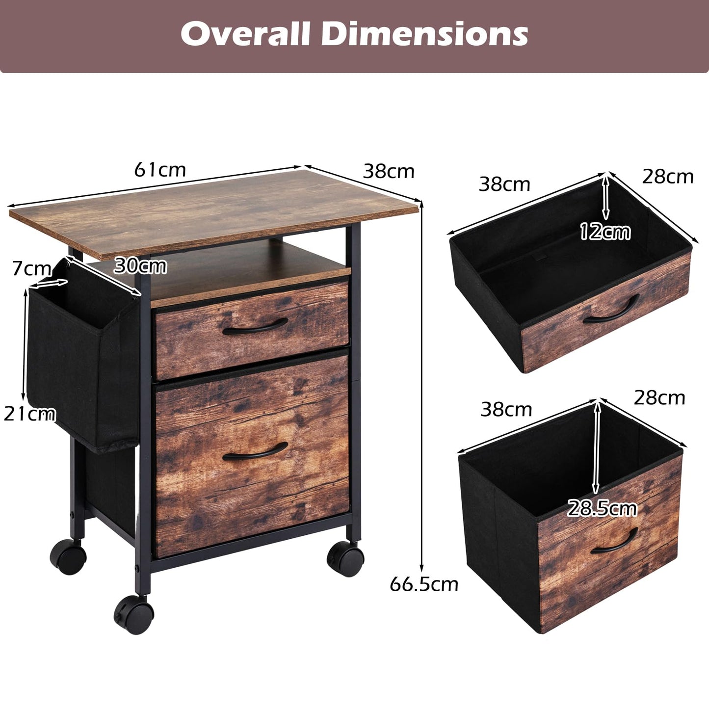 Mobile File Cabinet with 2 Drawers, Rolling Printer Stand with Extended Tabletop