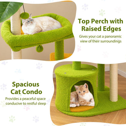 Cute Cat Tree for Adult Cats Multi-level Kitty Tower with Artificial Leaves