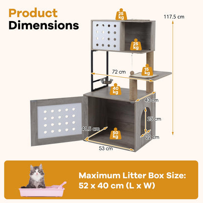 Cat Litter Box Enclosure Cat Tree Play Tower| Cats House Activity Center Hidden Washroom Toilet