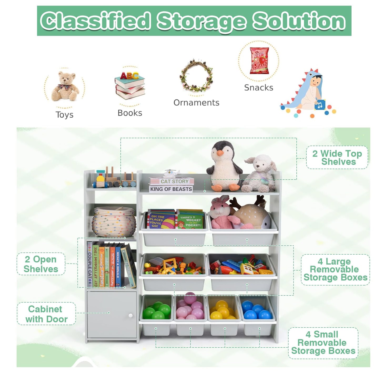 Kids Bookshelf Toy Storage Organizer with Storage Boxes and Open Shelves