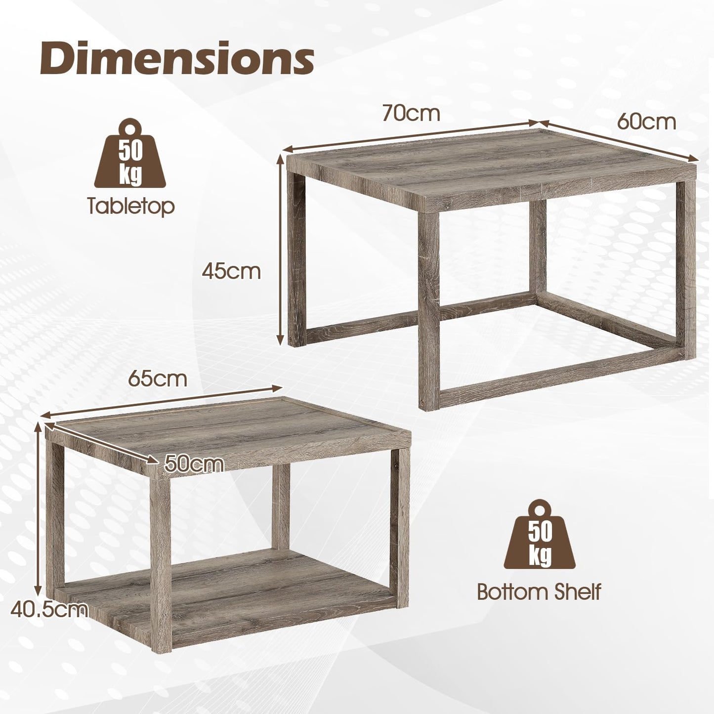 Nesting Coffee Table Set of 2 with Storage Shelf and Rubber Wood Frame