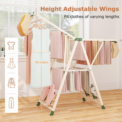 2-Level Foldable Clothes Drying Rack with Height-Adjustable Wings