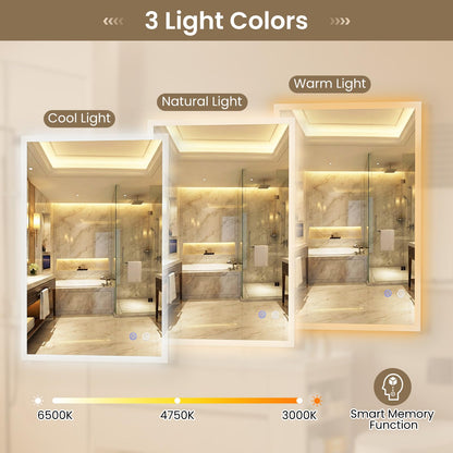 70 x 50 CM LED Bathroom Mirror with Anti-fog and Memory