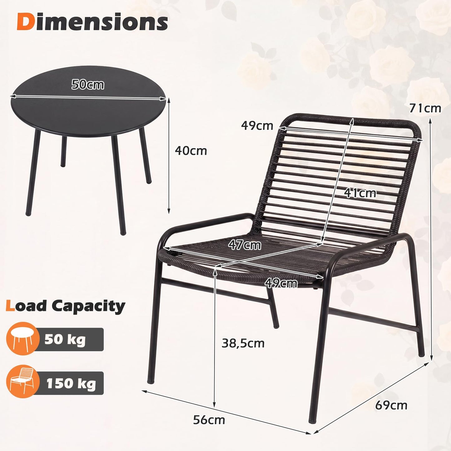 3 Piece Patio Bistro Set, Metal Frame Garden Furniture Set