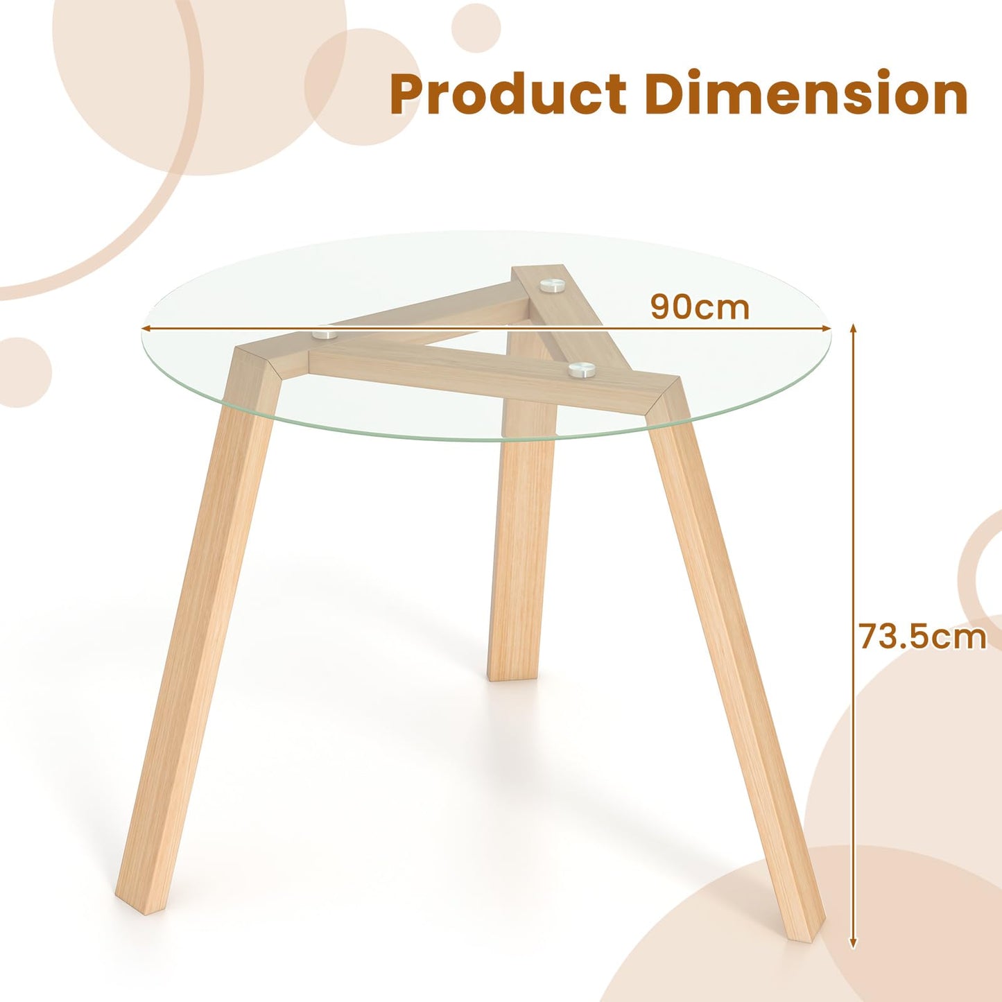 90cm Modern Round Kitchen Tables with Tempered Glass Tabletop and Rubber Wood Base
