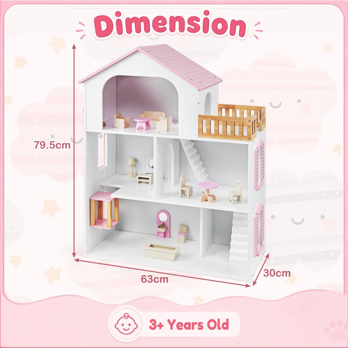 3-Story Wooden Dollhouse Playset with 5 Rooms and Furniture Accessories