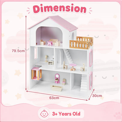 3-Story Wooden Dollhouse Playset with 5 Rooms and Furniture Accessories
