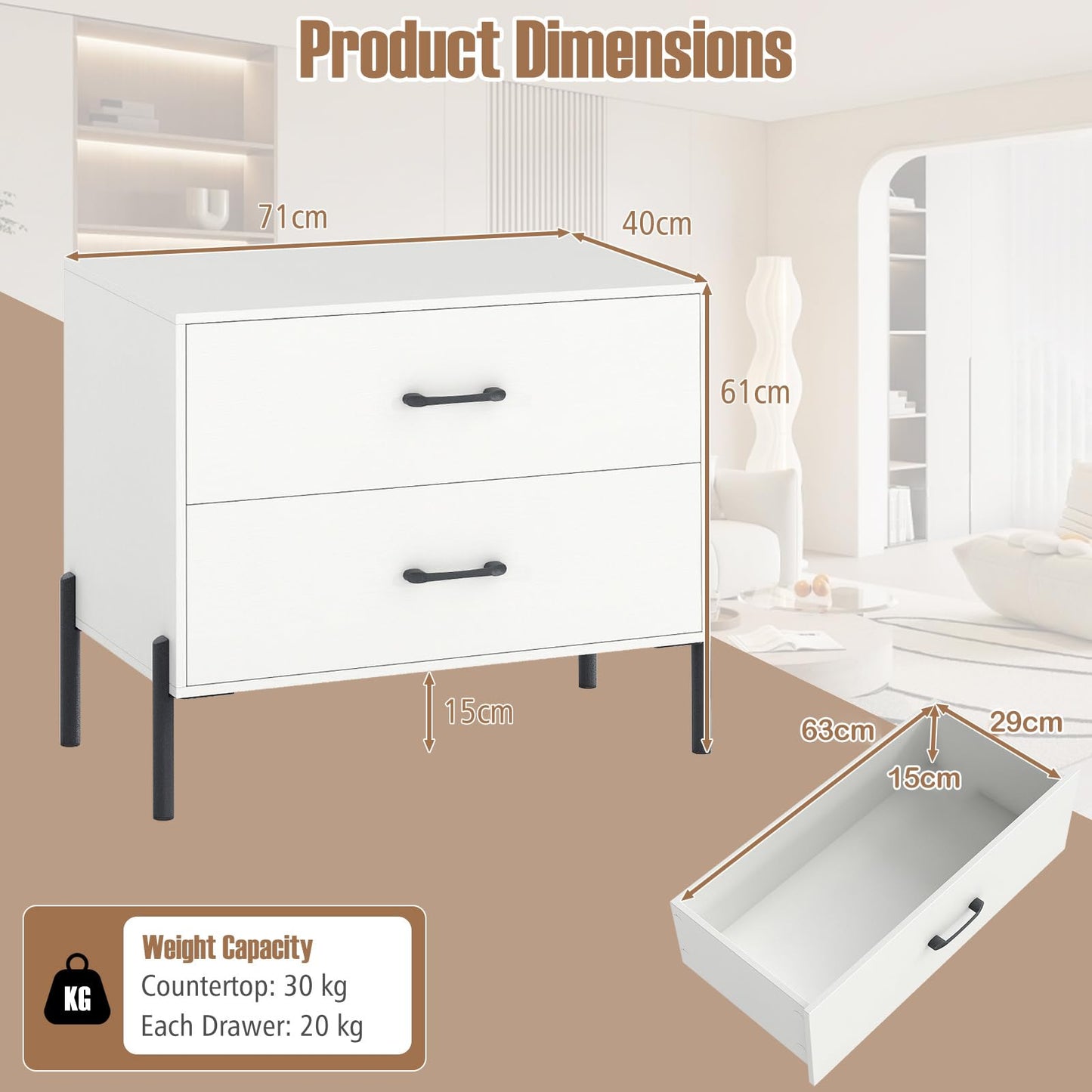 Wooden Chest of Drawers, 2-Drawer Dresser Storage Cabinet